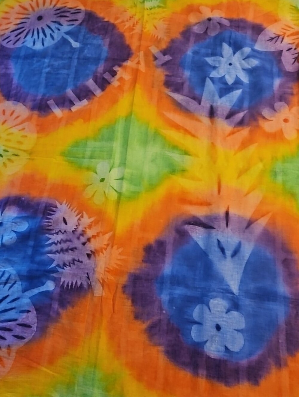 Vibrant Tie-Dye Floral Print Blue, Orange, Yellow Shawl Beach Wrap 68"x 85"